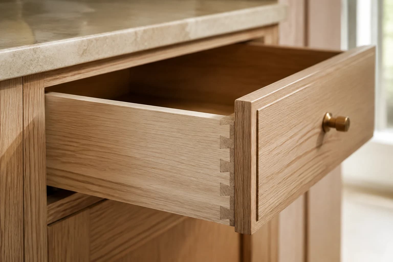 Photorealistic design study of an open oak drawer with visible dovetail joinery beneath a stone countertop.