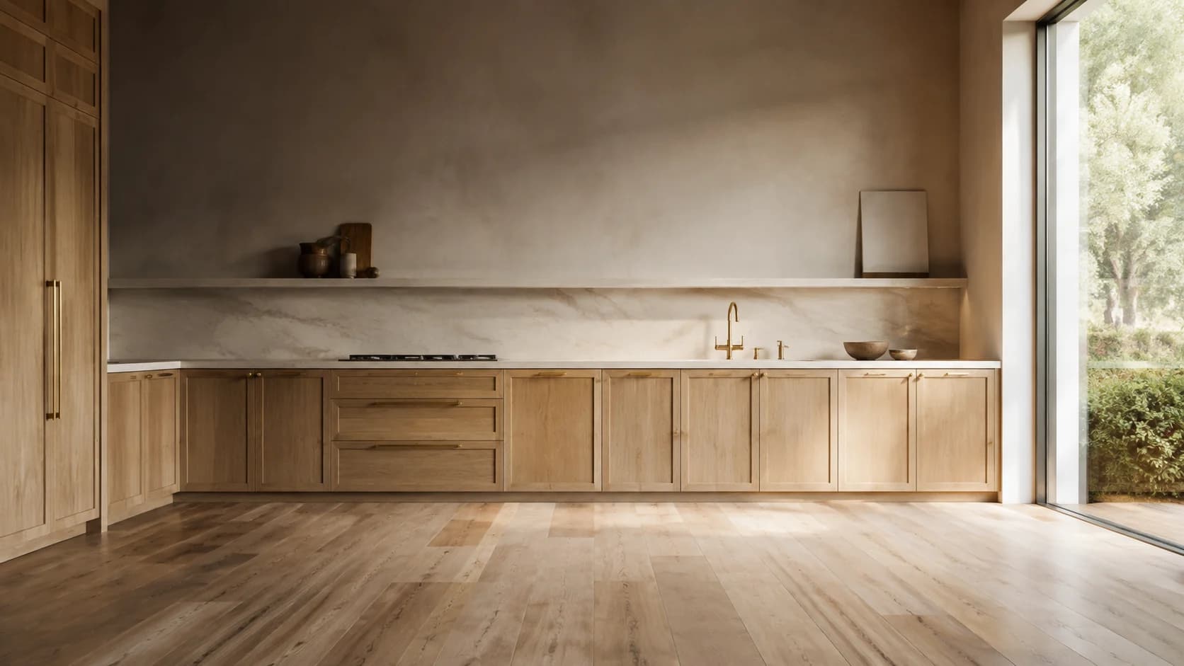 Natural oak cabinetry and limestone in a sunlit kitchen design study.