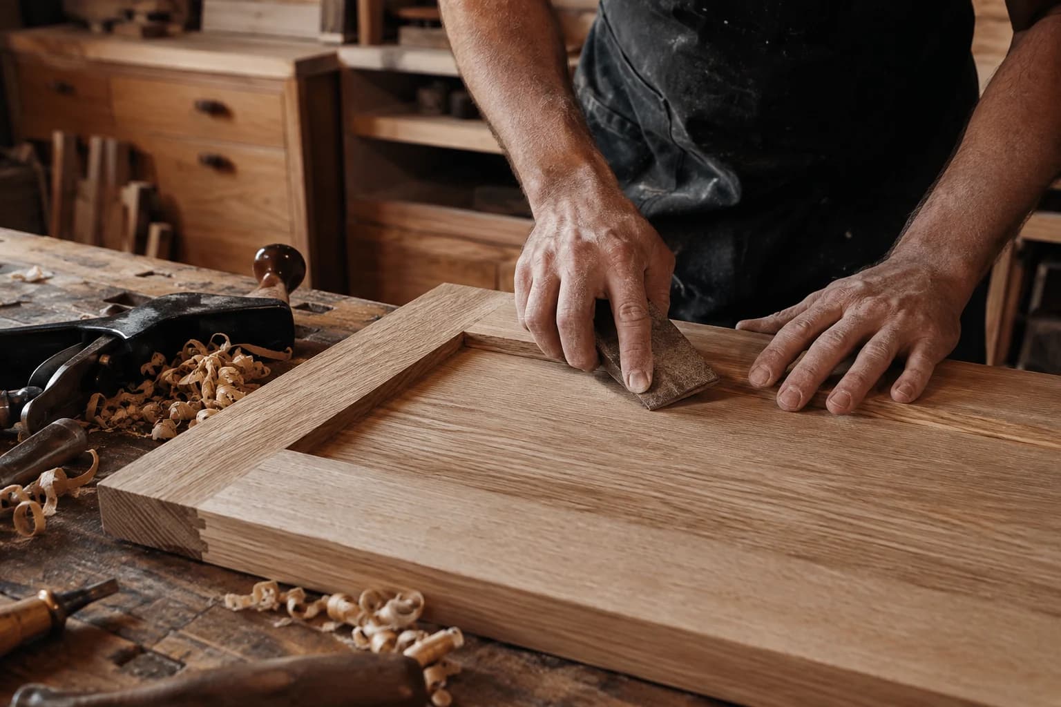 Illustrative workshop scene showing a cabinetmaker hand-sanding an oak door at a workbench.