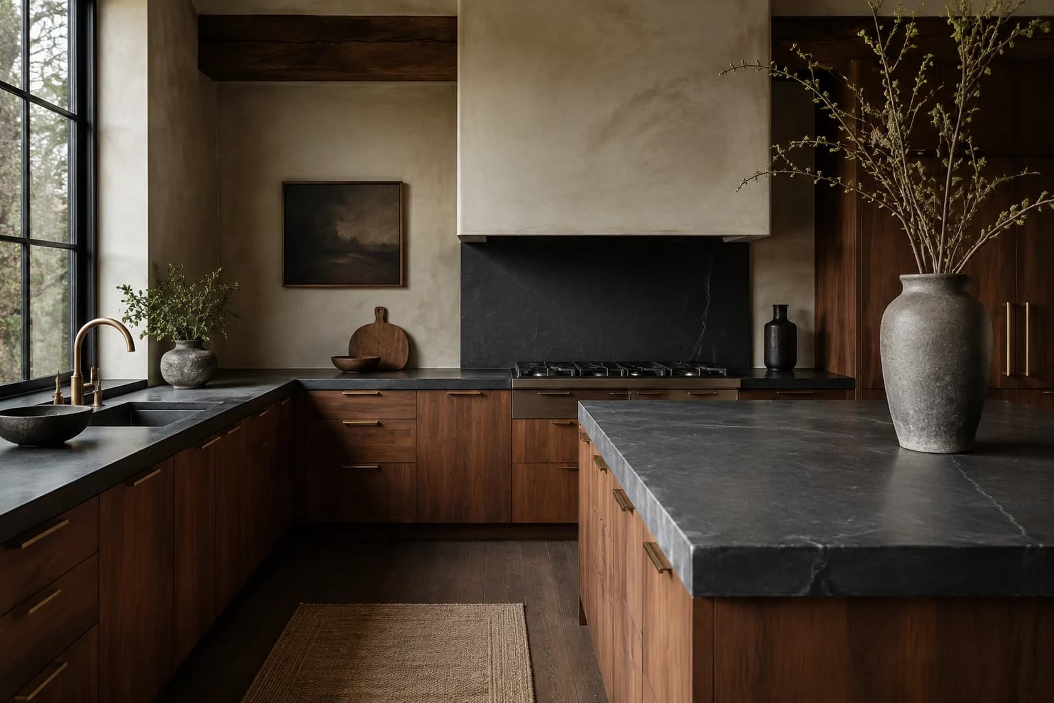 Kitchen design study with rich walnut cabinetry, dark stone island, and warm natural light.